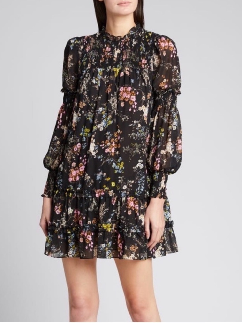 Cinq a’ Sept Floral Stephanie Mini Dress Multi Black Women Sz 6 Long Sleeve